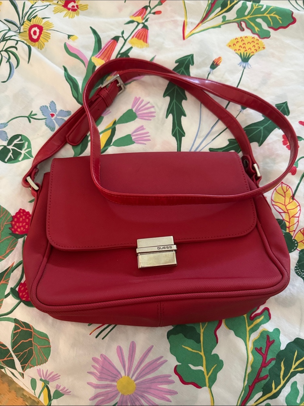 GUESS Red Crossbody Shoulder Bag with Silver Hardware